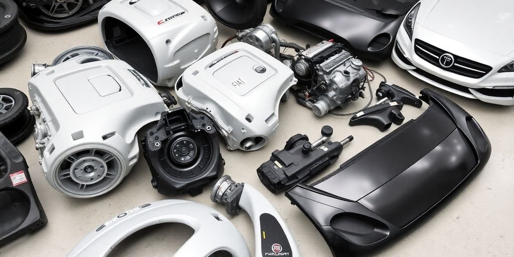 Fiat car parts neatly arranged.