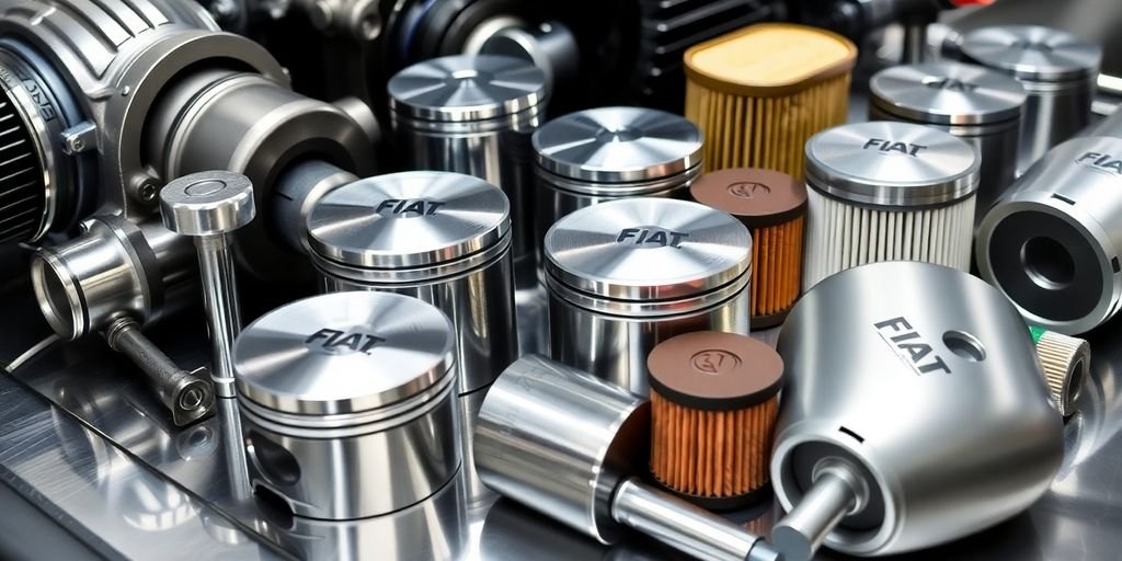 Fiat engine parts laid out on a clean surface.