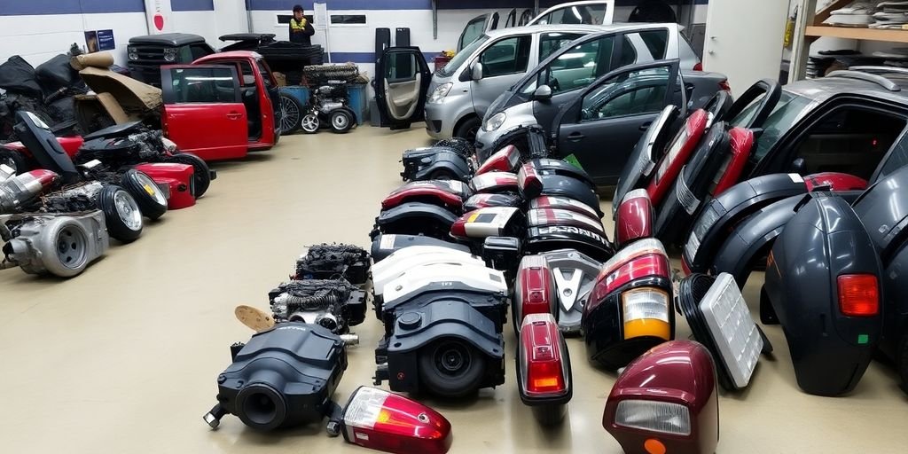 Fiat car parts laid out neatly.