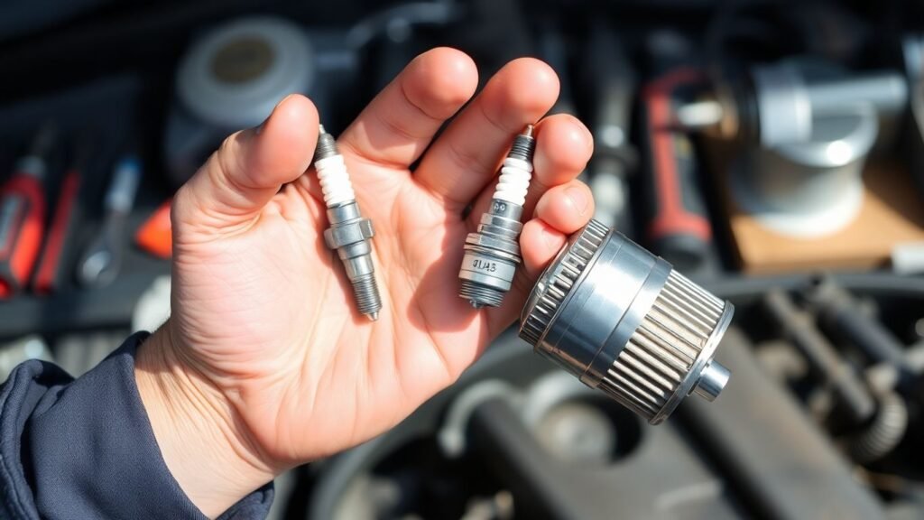 Mechanic holding car engine parts