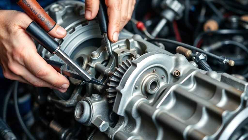 Mechanic repairing an automotive gearbox with tools.
