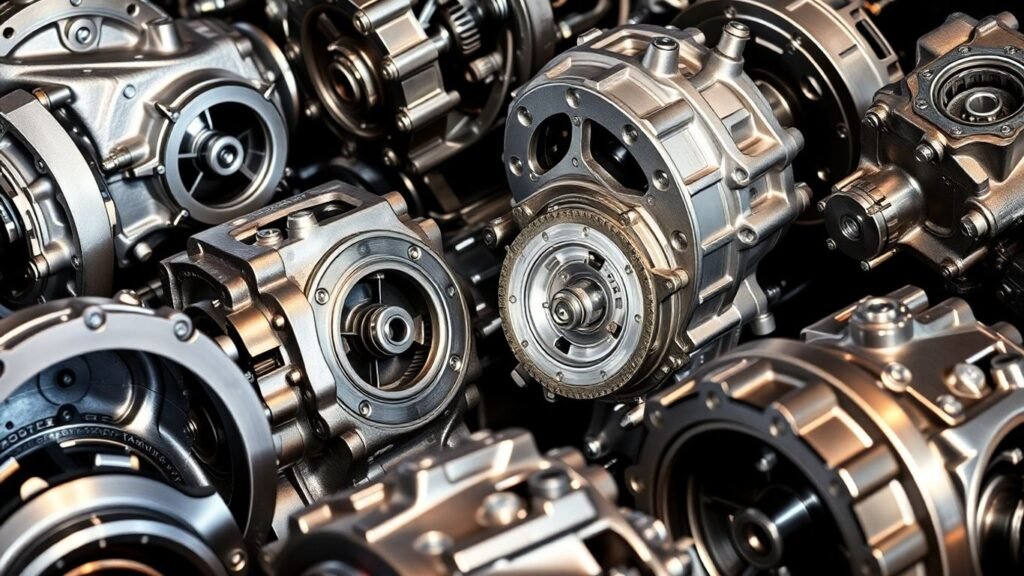 Automotive gearboxes with visible gears and components.