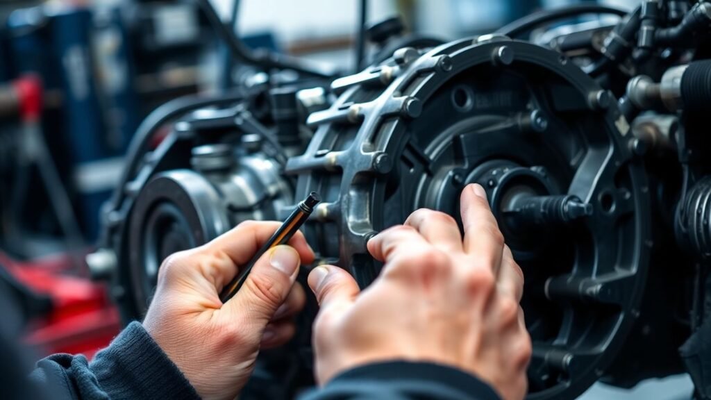 Mechanic repairing a car gearbox with tools.