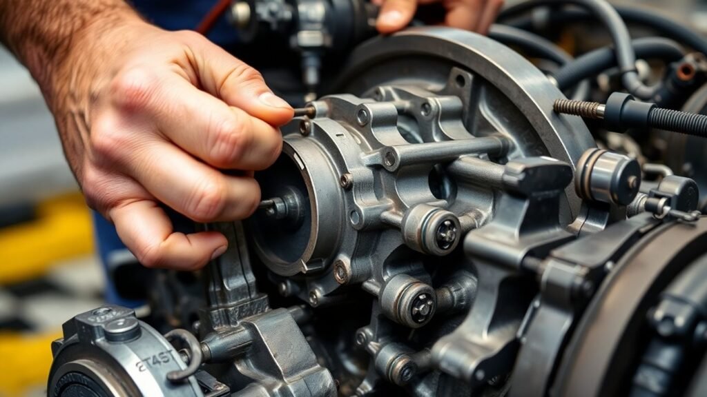 Mechanic working on car gearbox
