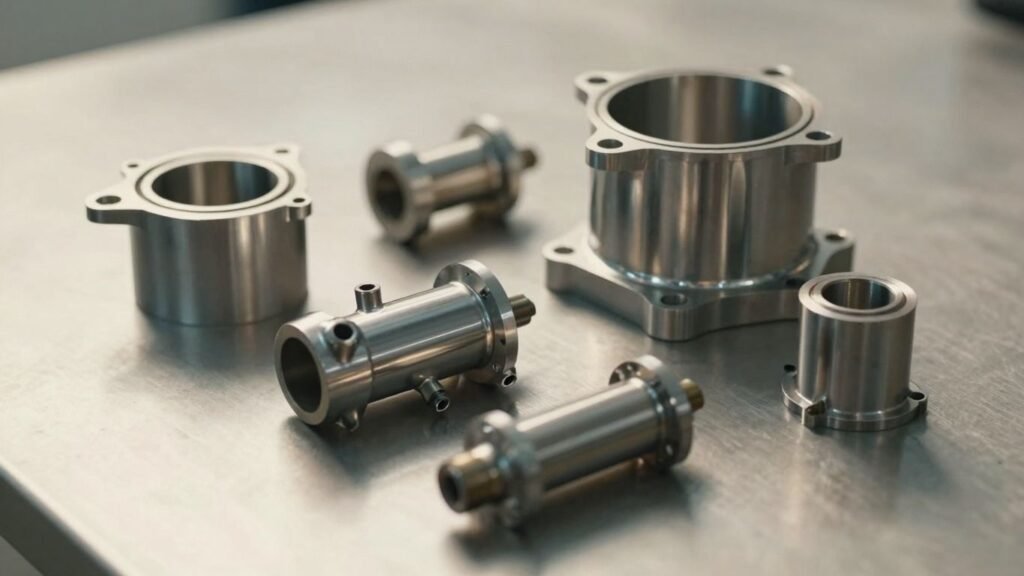 Shiny new car engine parts on a metallic surface.