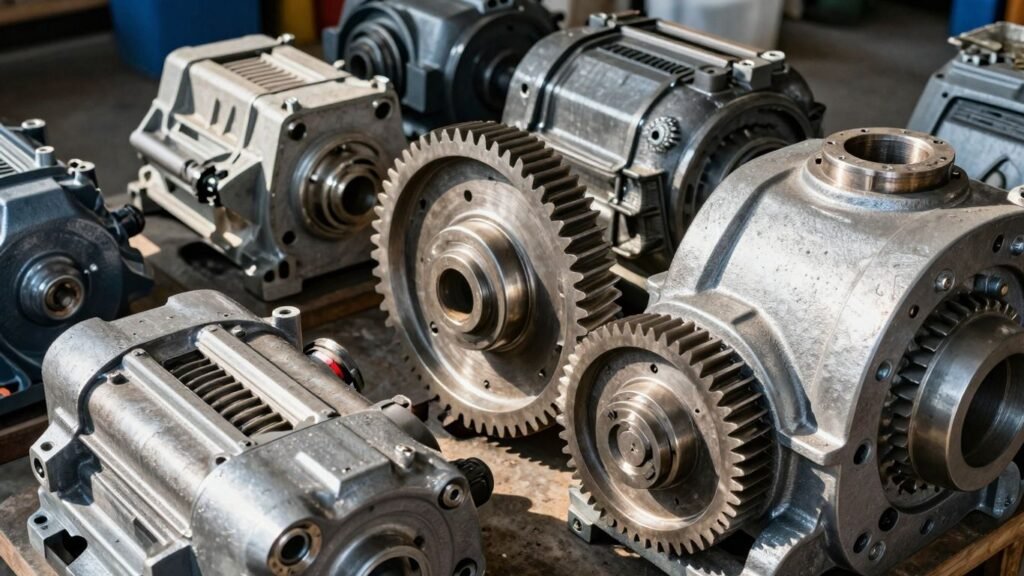 Industrial gearboxes in a workshop setting.