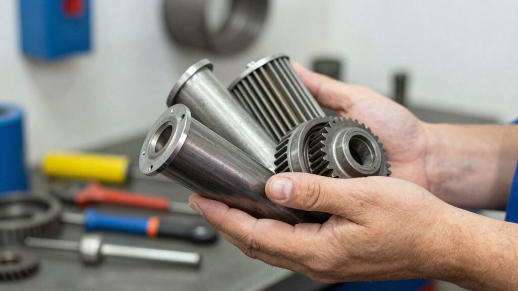 Mechanic holding various car spare parts.