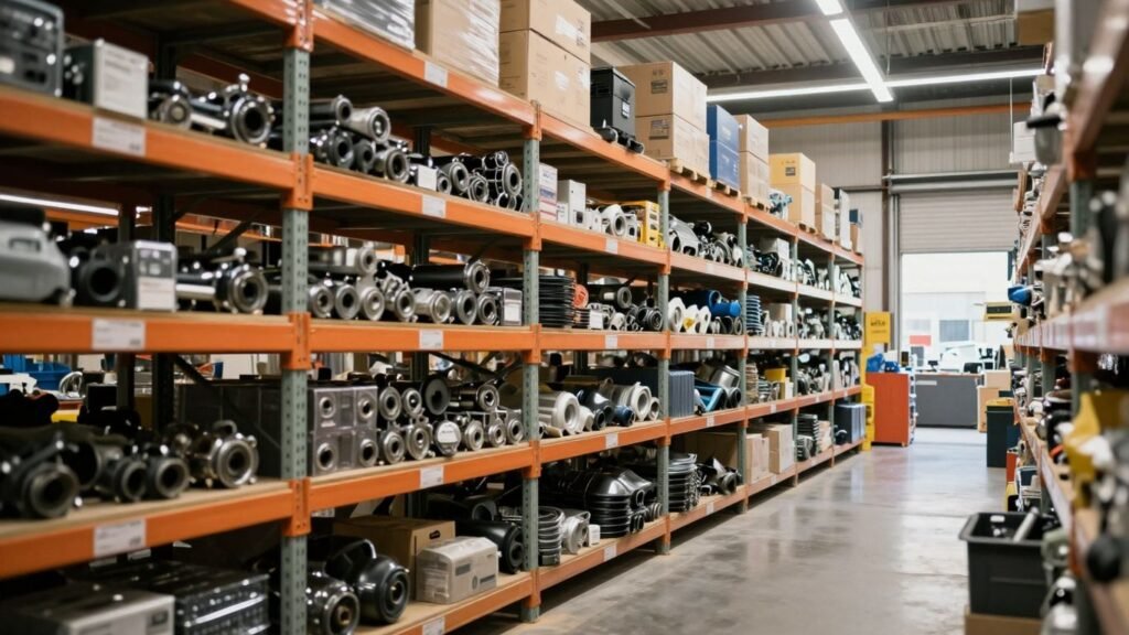 Auto parts warehouse with organized shelves and car components.