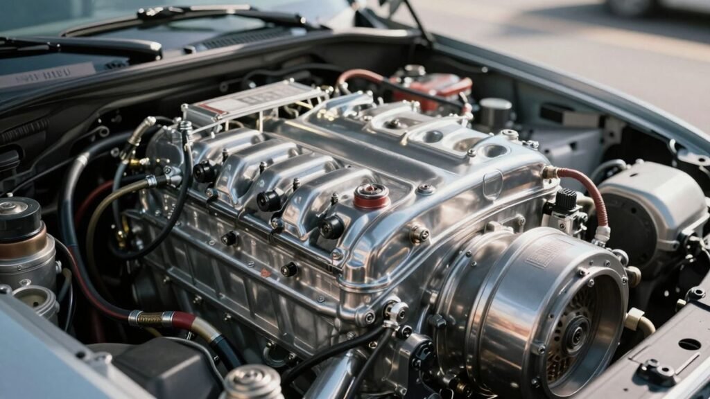 Engine and transmission components in a workshop.