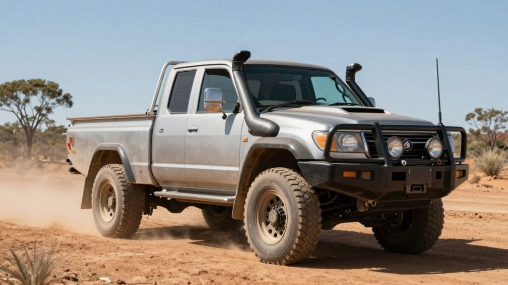 Off-road truck driving through remote Australian outback.
