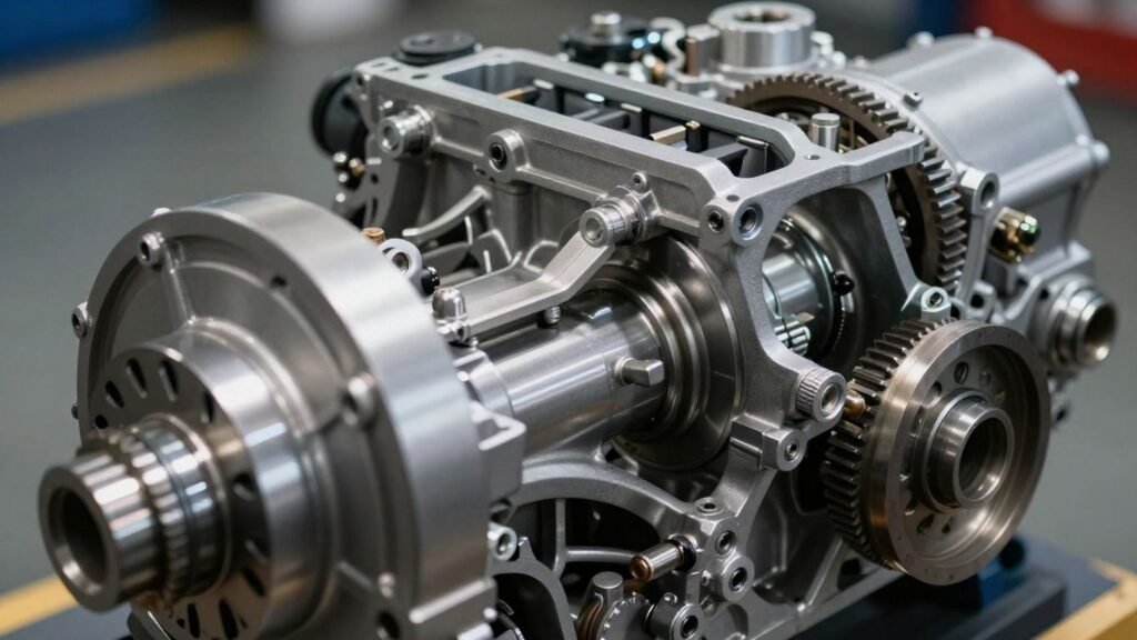 Engine and gearbox assembly with visible metal components and gears.