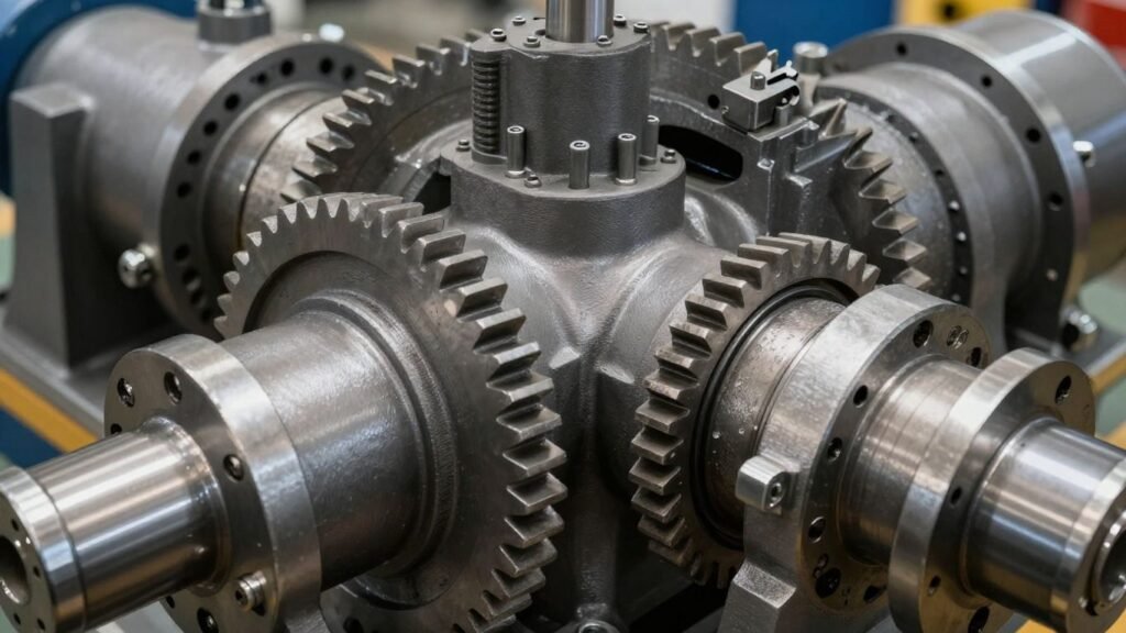 Industrial gearbox with visible gears and metallic components.