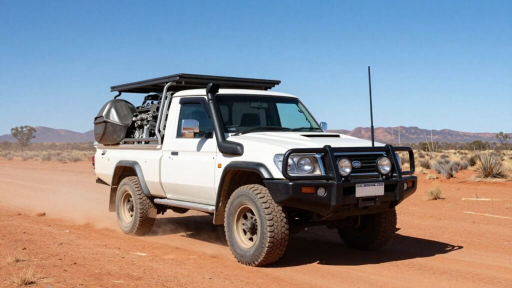 Outback ute carrying engine parts on a dusty road.