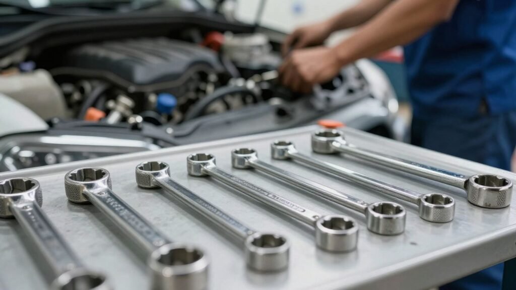 Mechanic working on car engine in workshop