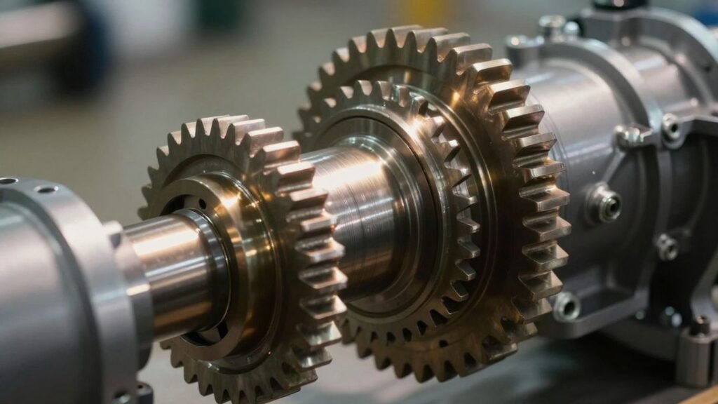 Automotive gearbox with shiny metal gears and casing.