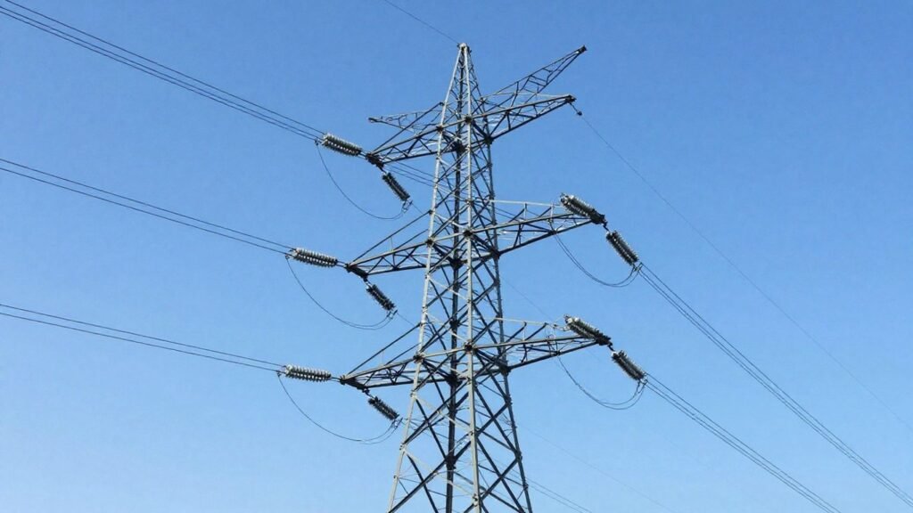 Transmission tower against a sunny sky