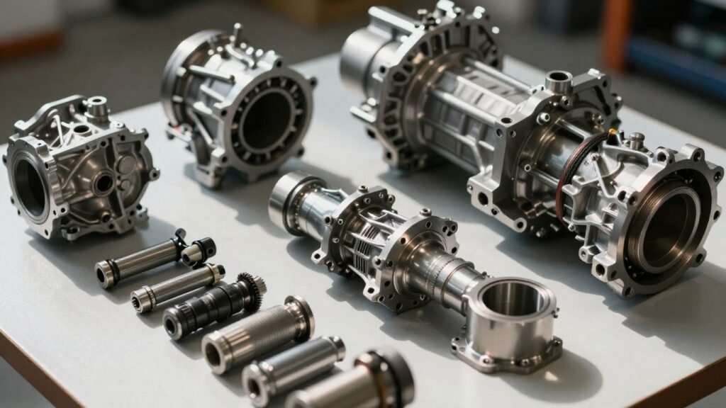 Close-up of car gearbox parts and transmissions.