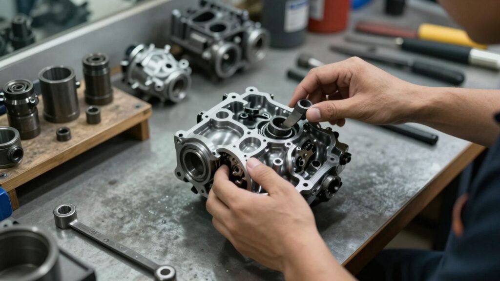 Mechanic inspecting a second hand automatic gearbox in Brisbane.