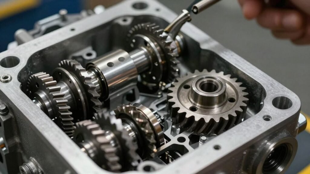 Rebuilt automotive gearbox with clean, precise internal components.