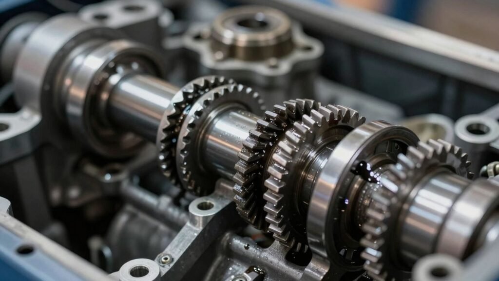 Close-up of car transmission gears and parts.