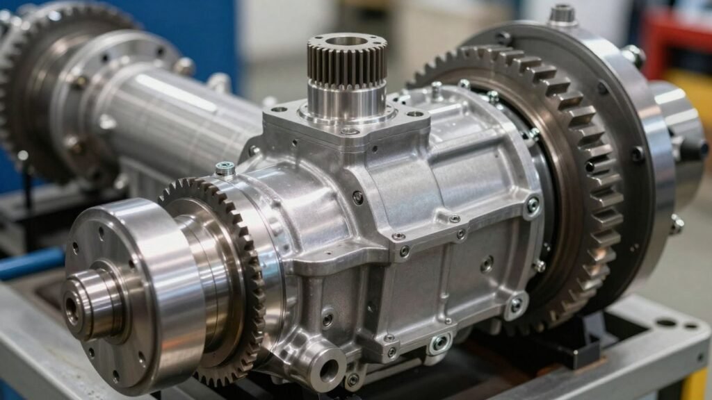 Close-up of a heavy-duty vehicle transmission with gears.