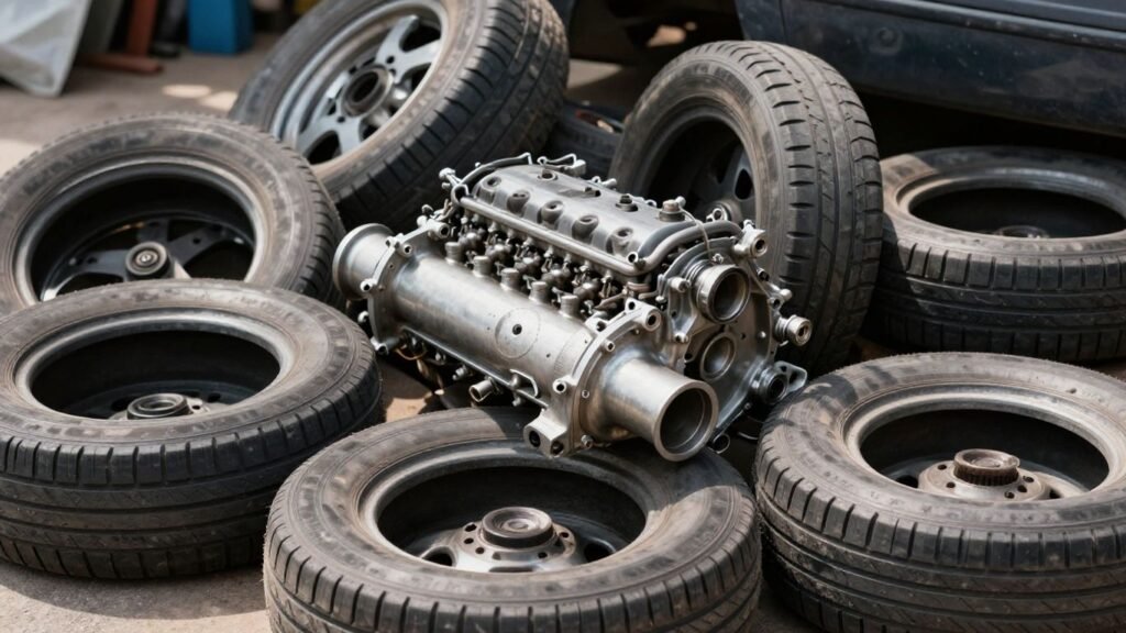 Car parts piled up for trade-in at Central Coast Transmission Wreckers.