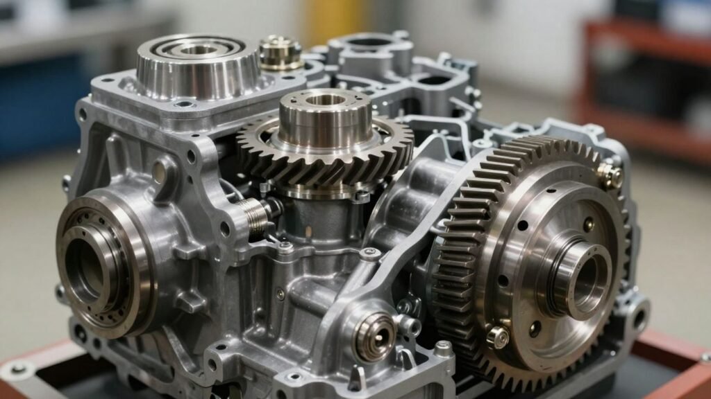 Rebuilt car transmission with clean metal gears.