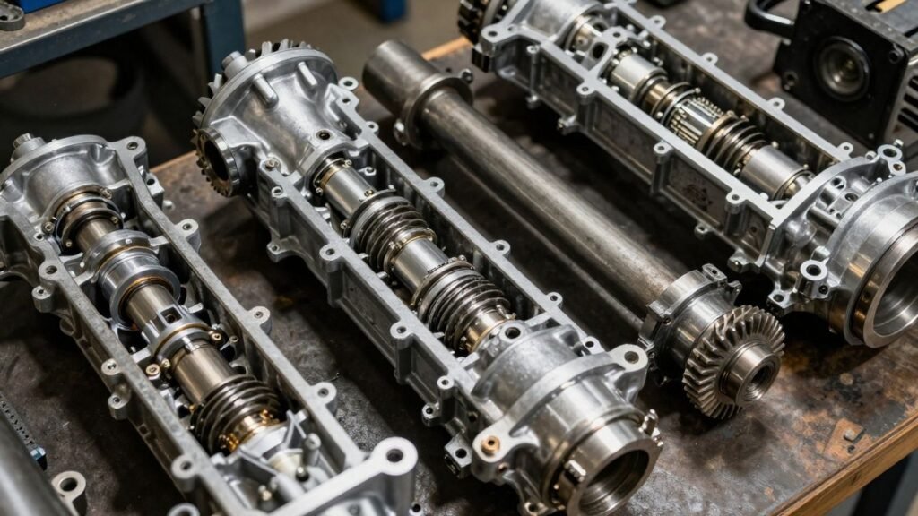 Automotive gearboxes and transmissions in a workshop.