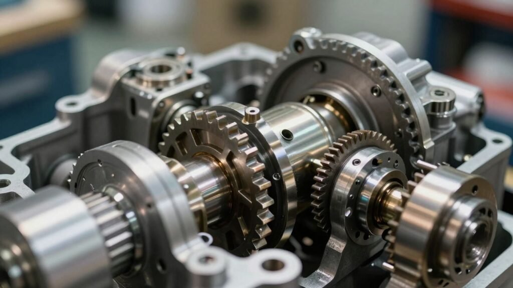 Close-up of automatic gearbox gears and components.