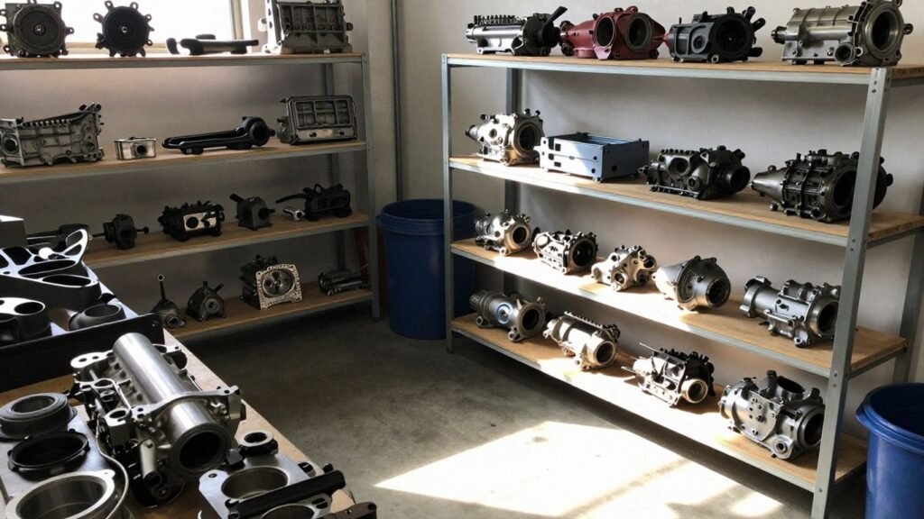 Car parts and transmissions in a workshop.