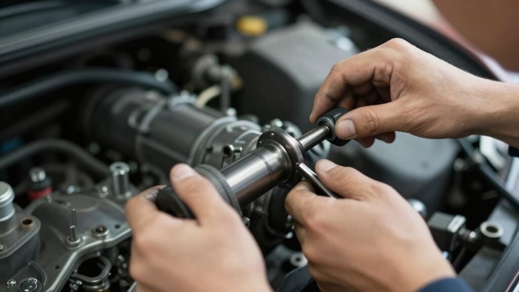 Mechanic working on car transmission