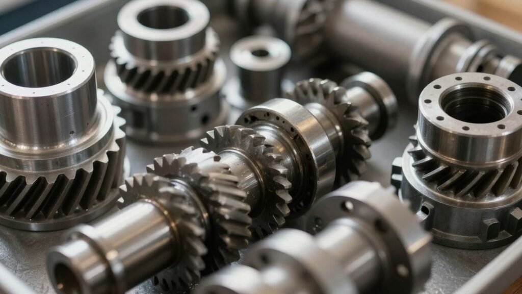Automotive gearbox parts, gears, and casings.