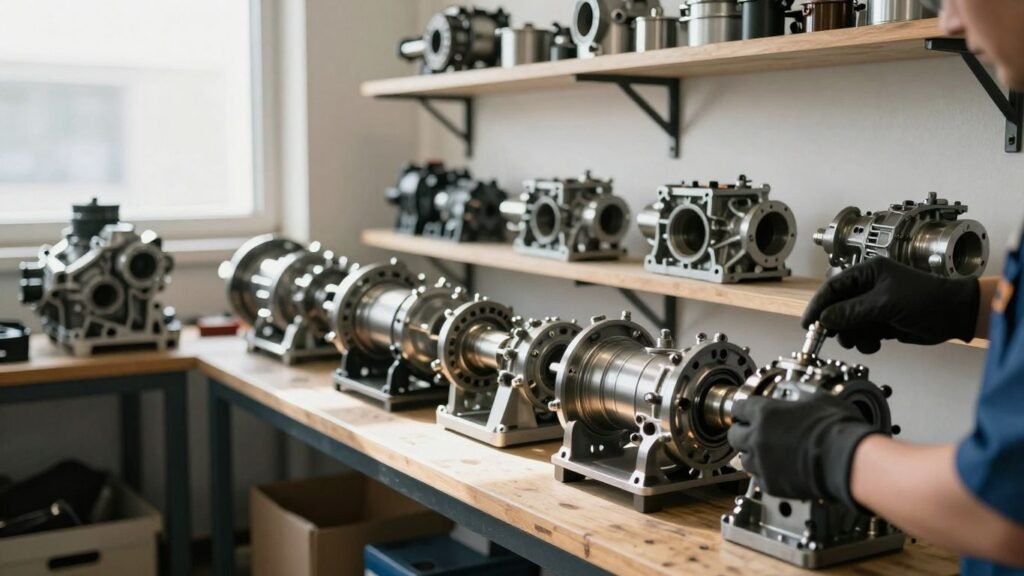 Car gearboxes in a workshop, ready for service.